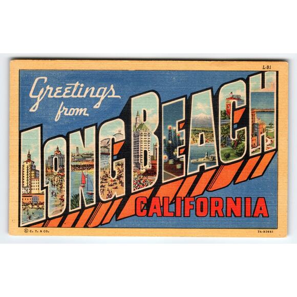 Greetings From Long Beach California Large Letter Linen Postcard Curt Teich - Picture 1 of 2